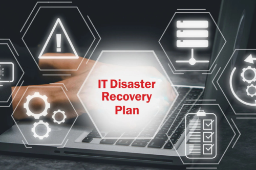 IT disaster image 3 "Laptop with digital icons and the words 'IT Disaster Recovery Plan', symbolizing data protection and recovery strategy in a healthcare IT setting."