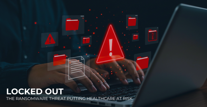Ransomware warning on a healthcare worker’s laptop with red alert icons and digital file locks symbolizing cyber threats to medical data