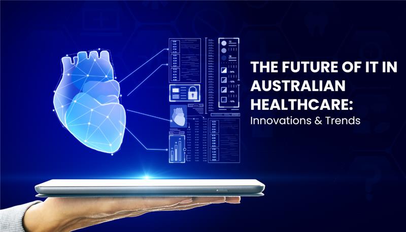 "Futuristic digital interface overlaying a healthcare professional in an Australian medical setting, symbolizing IT innovation and trends in healthcare."